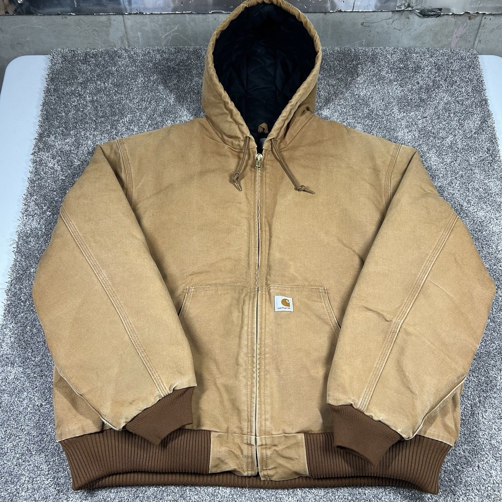 Carhartt J140 Brown Large Canvas Duck Jacket Quilted Lining Hooded Made In USA